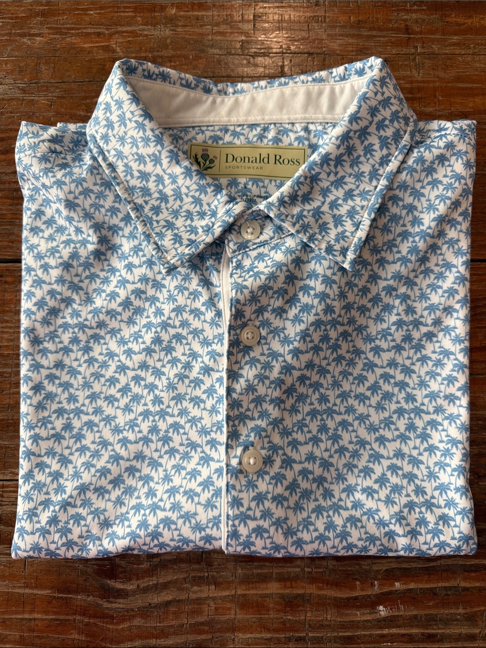 Donald Ross Sport Blue Palm Tree Print SS Active Polo Shirt Size L